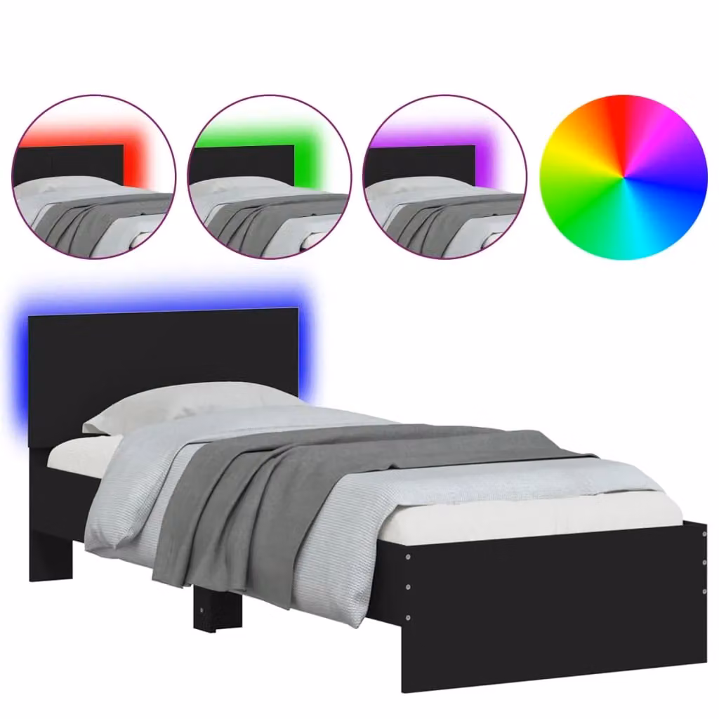 Berkfield Home Small Single Bed Frame in Black with LED Under-Bed Lighting and USB Charging Port – 2