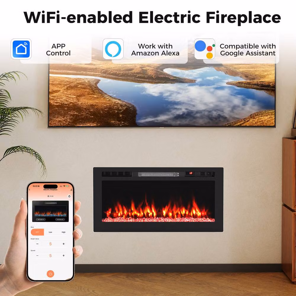 Costway Black Recessed and Wall-Mounted Electric Fireplace Heater with WiFi App Control, 1500W, W: 91.44 cm, H: 91.44 cm, D: 37 cm – 4