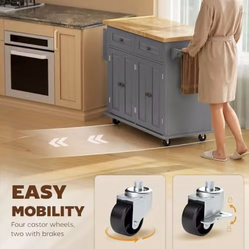 HOMCOM Grey Kitchen Island on Wheels with Rubberwood Top and Spice Rack, W/D/H: 111.0 x 44.5 x 82.5 cm – 5
