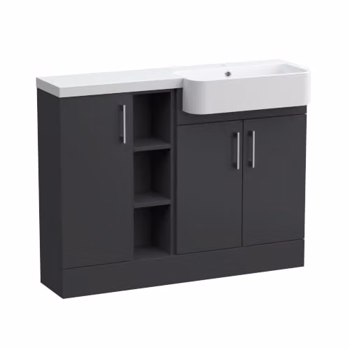 Balterley Wichnor Contemporary Floor Standing 3 Door Combination Vanity Basin Unit with Open Shelves and Polymarble Basin, Dark Grey, W: 110 cm, D: 60.75 cm, H: 85.5 cm – 4
