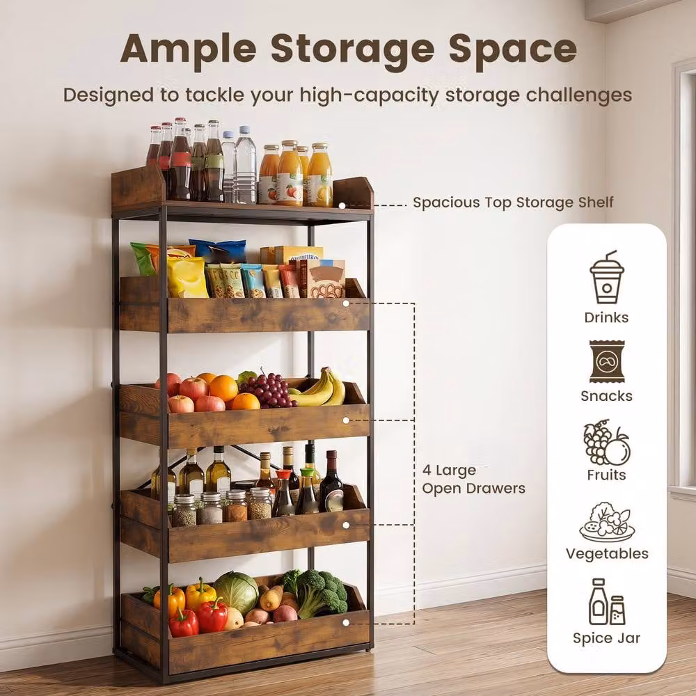 Costway 5-Tier Brown Metal Food Storage Rack and Retail Snack Display Shelf with 4 Drawers – 8