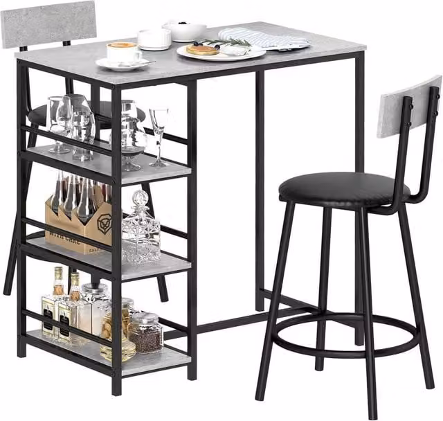 KORVIXA 3 Piece Breakfast Bar Table Set with Storage Shelves in Black