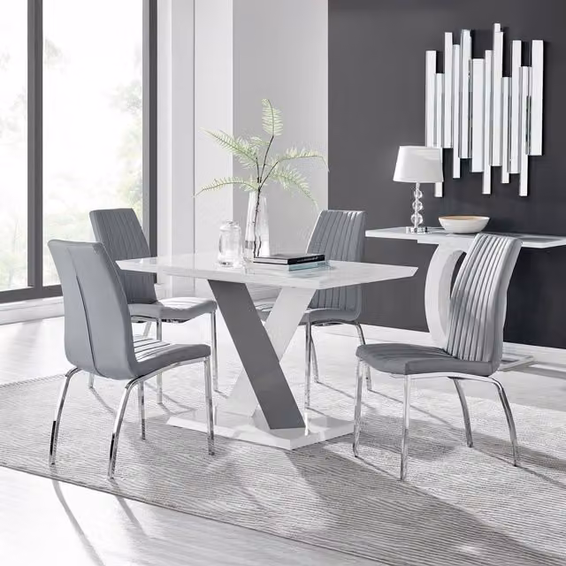 Furniturebox Monza White High Gloss Rectangular Dining Table and 4 Grey Isco Chairs