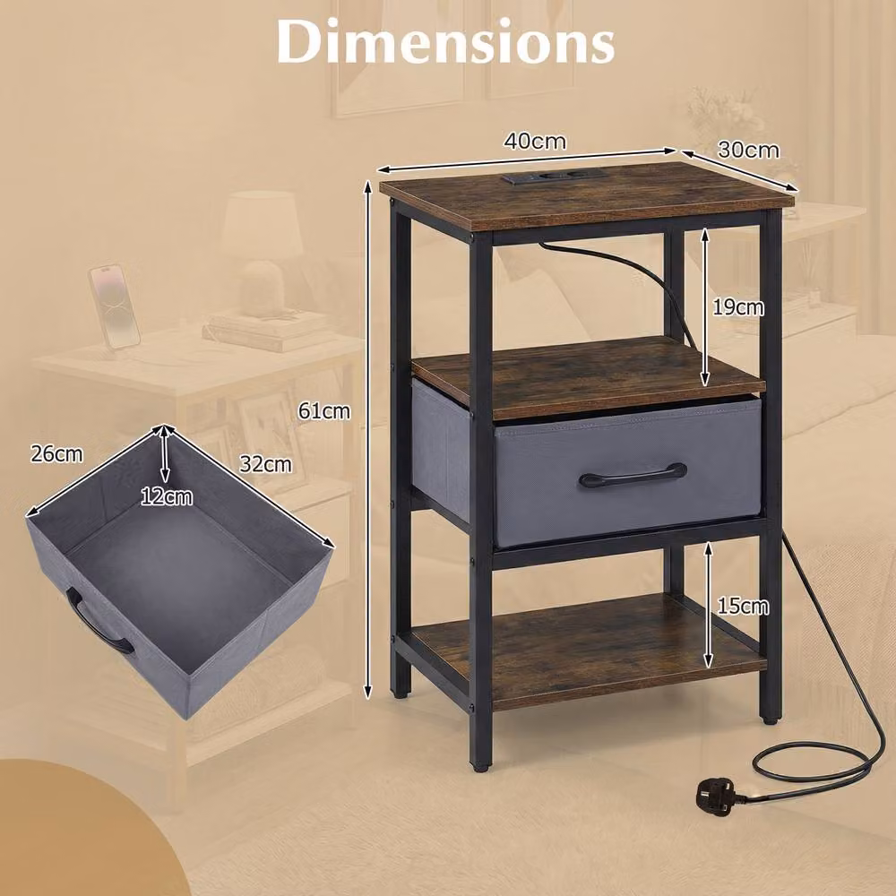 Costway Modern Side Table and Bedside Nightstand with Drawer and Shelves in Brown – 4
