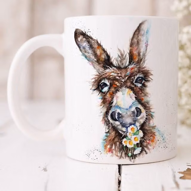 BebesArts Donkey Watercolour Art Mug in Brown and White