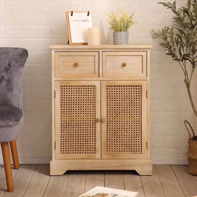 Home Source Scandinavian Wood Storage Cupboard with Hinged Doors and 2 Internal Drawers in Sand – 1