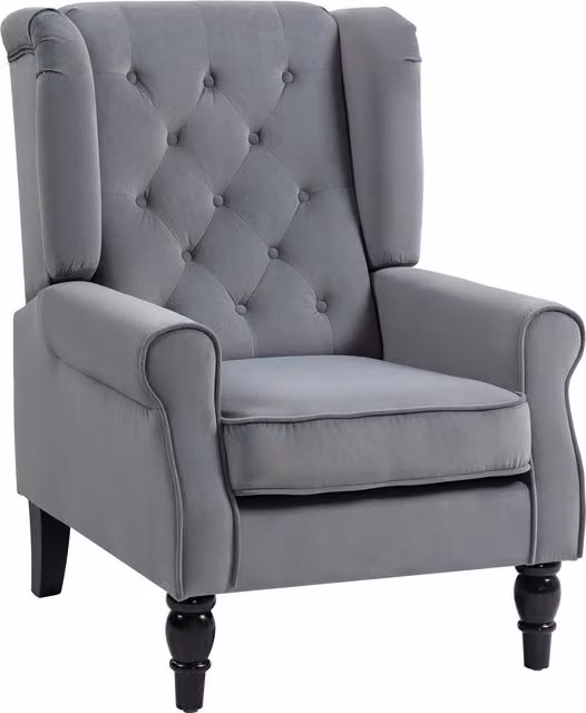 HOMCOM Retro Wingback Accent Chair in Light Grey Velvet Fabric with Button Tufting and Solid Wood Frame