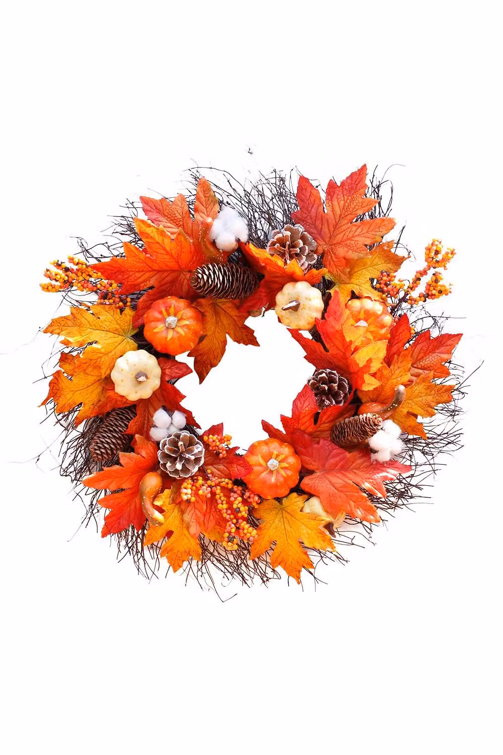 Living and Home Orange Pre-Lit Autumn Wreath with Pumpkin, Maple Leaves, Cotton and Pine Cones, Diameter: 55 cm – 3