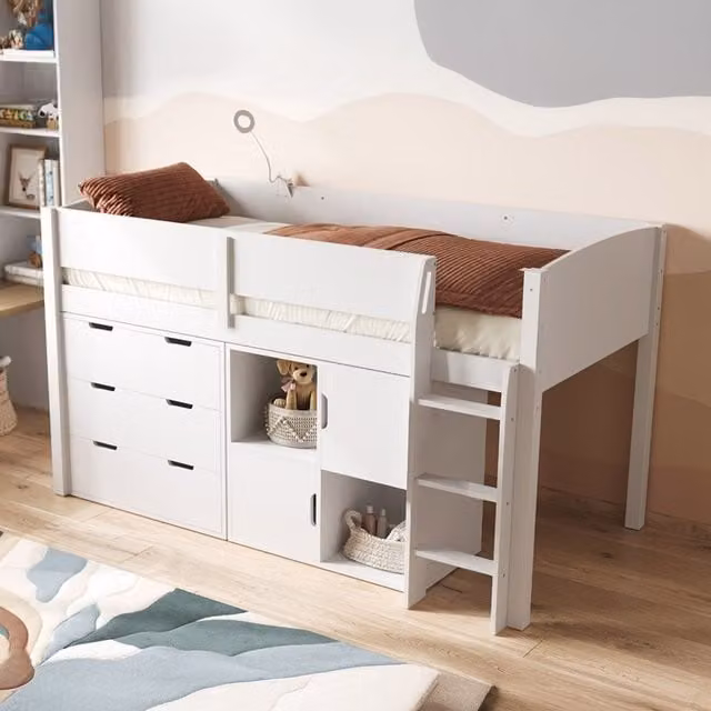 Flair Furnishings Loop Midsleeper Bed Set with Drawers and Cabin Storage, White