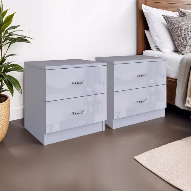 FWStyle Pair of Grey Gloss 2 Drawer Bedside Tables with Polished Metal Handles