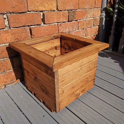 Charles Taylor Rustic Square Wooden Garden Planter, Red or Brown, W/D/H: 41 x 41 x 32 cm