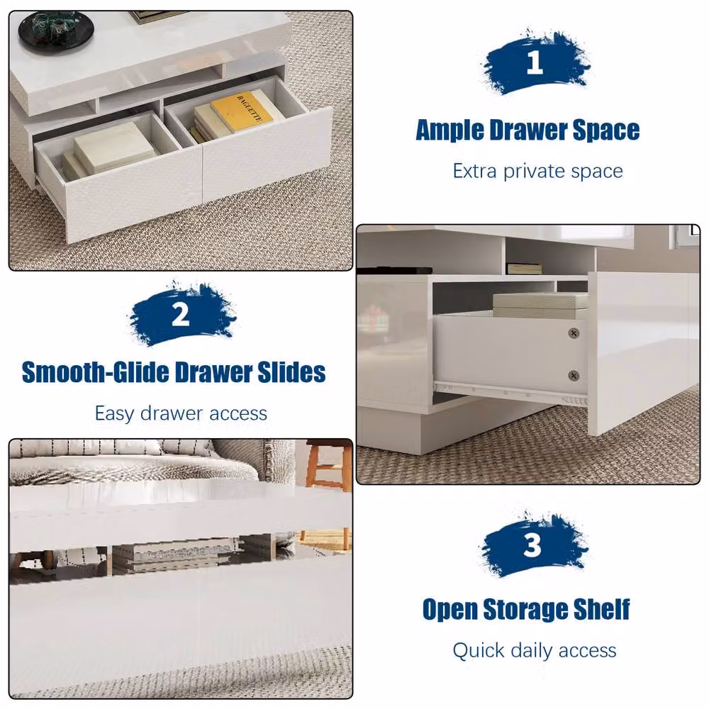 KEEPREAPER Modern Glossy White Coffee Table with 4 Drawers and LED Lights, W/D/H: 85 x 55 x 44 cm – 3