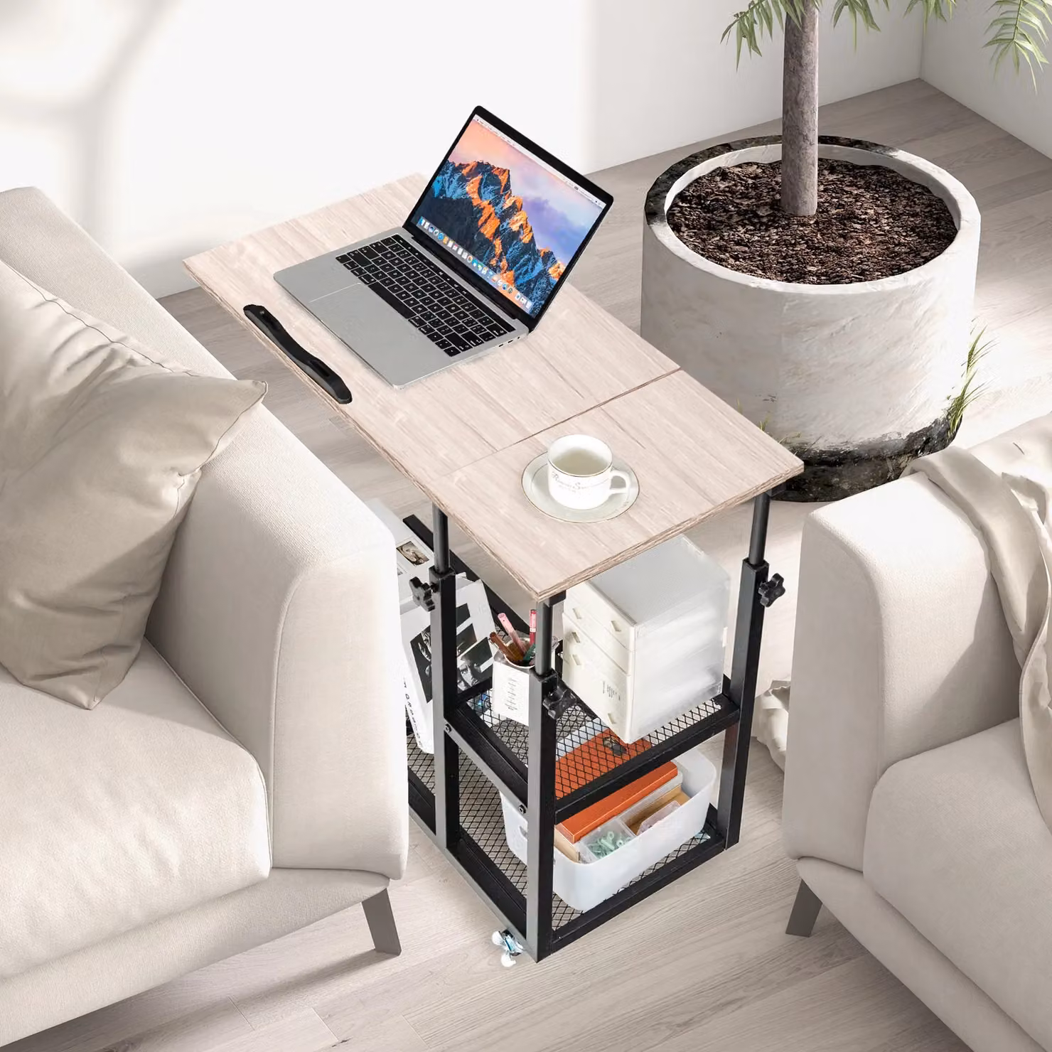 Costway C-Shaped Adjustable Bedside Table in Natural with Tiltable Top and Wheels – 3