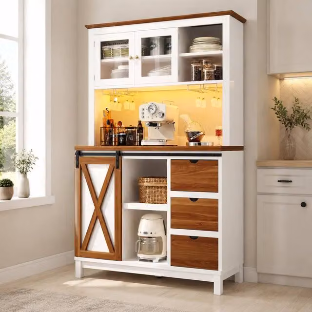 STILVORA Modern Tall Kitchen Cabinet with Integrated LED Lighting and White Sliding Glass Doors – 1
