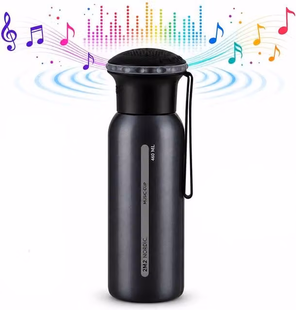 Simpa Black Stainless Steel Thermos Water Bottle with Bluetooth Speaker, 460ml