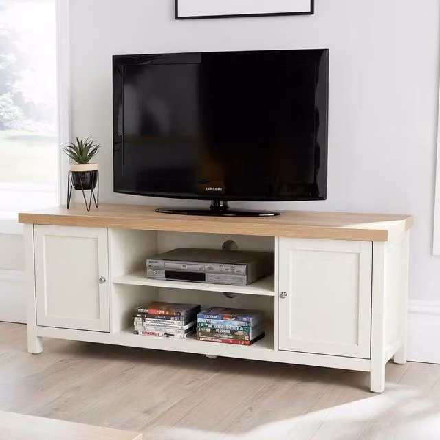 Avon Modern 2 Door TV Stand Storage Unit with 36mm Oak Effect Top in White