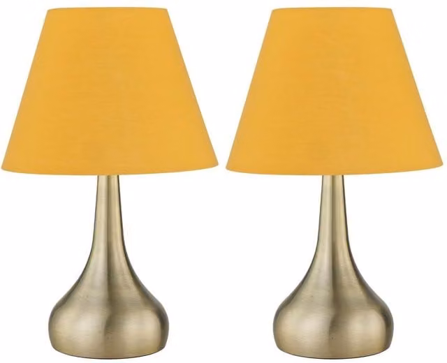 First Choice Lighting Romana Set of 2 Touch Table Lamps in Antique Brass with Ochre Fabric Shades – 1