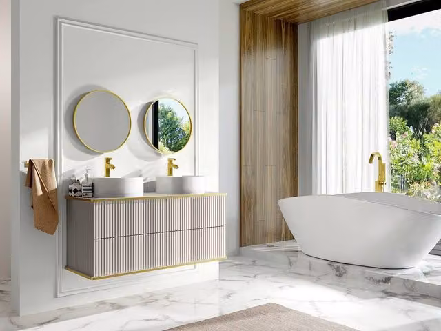 Vente-unique Suspended Striped Bathroom Cabinet with Gold Trim and Double Round Doors in Beige, White and Gold, W/D/H: 120 x 47 x 54 cm