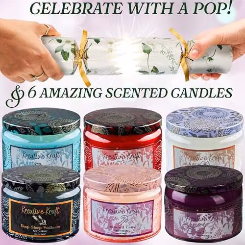 KreativeKraft Luxury Christmas Crackers Pack of 6 with Scented Soy Wax Jar Candles in Gold and Multicolour – 2