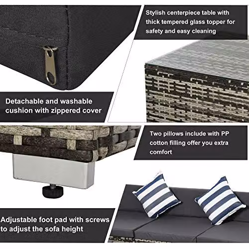 Outsunny 5 Piece L-Shape Polyrattan Garden Furniture Set with Cushions in Grey – 6