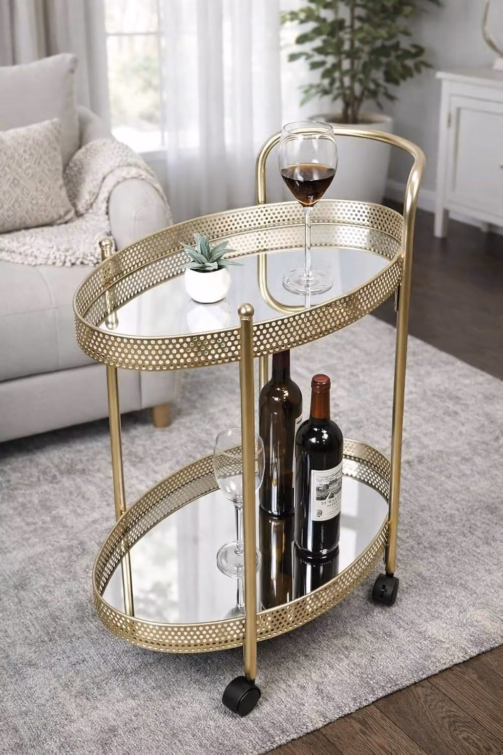 SPOT ON DEALZ Gold Modern Drinks Trolley Bar Cart with Glass Shelves and Castors, W/D/H: 70 x 35 x 57 cm – 3