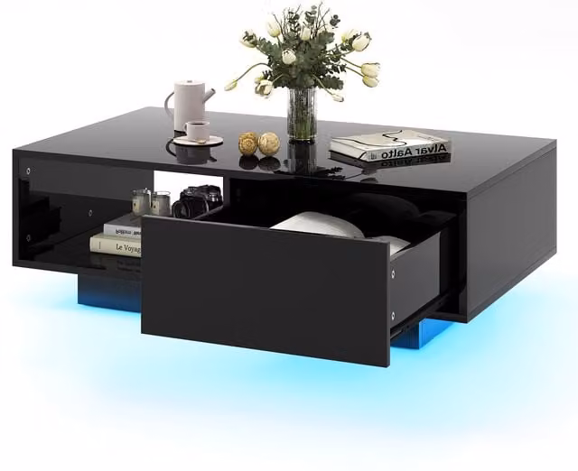 COSTWAY Modern Glossy Black Rectangular LED Coffee Table
