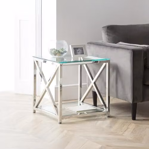Julian Bowen Miami Glass Top Lamp Table with Silver X-Frame and Shelf, W: 40.0 cm, D: 40.0 cm, H: 78.0 cm – 1