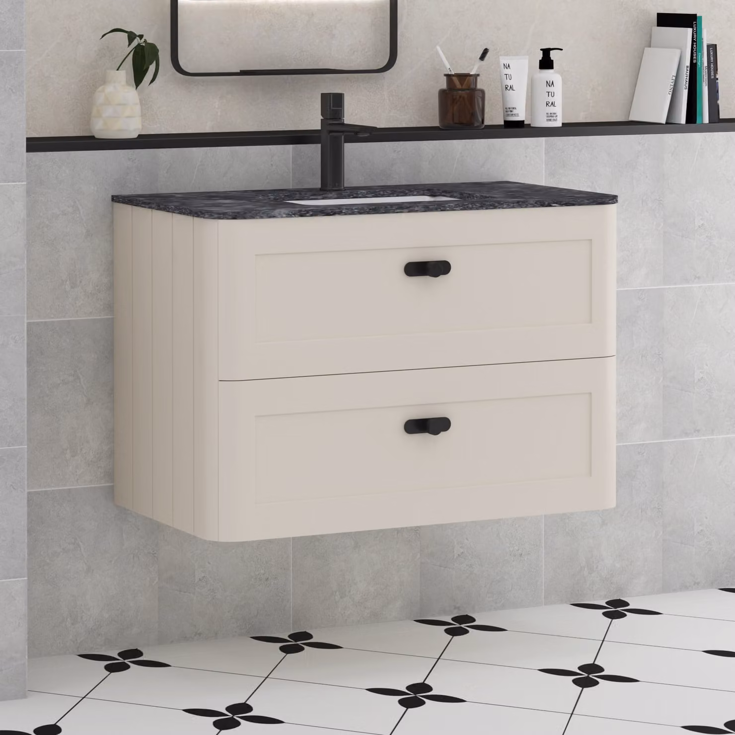 Royal Bathrooms Henley 800mm Wall Hung Vanity Unit in Mushroom Cashmere with Black Star Stone Top and 2 Drawers