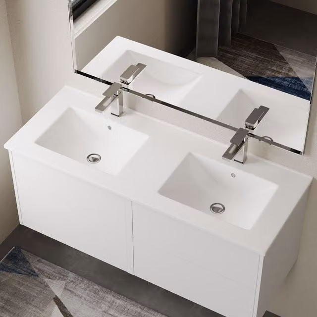 Banyetti Lira 1200mm Porcelain Countertop Basin Sink in Gloss White, W: 120 cm, D: 46.5 cm, H: 16.5 cm