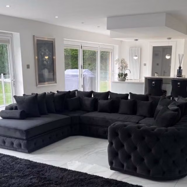 HOB Furniture Royal Surrey U-Shape Velvet Chaise Sofa in Black with Matching Ottoman and Scatter Cushions