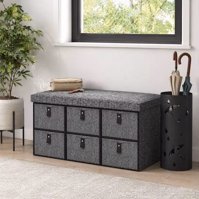STILVORA Shoe Storage Bench with 6 Drawers and Padded Fabric Seat in Grey, W/D/H: 120 x 38 x 76.5 cm – 1
