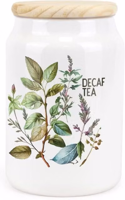 Purely Home Floral Watercolour Herbs Ceramic Decaf Tea Storage Canister in Green and White