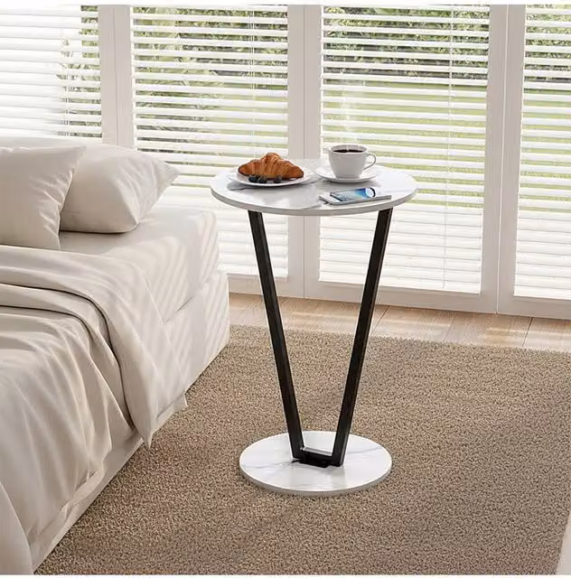 Living and Home Round Marble Side Table in White and Multicolour with Rustic Wood and Metal Accents