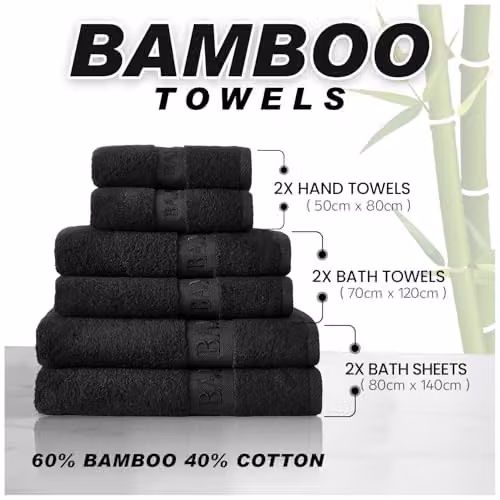 Gaveno Cavailia 2 Pack Black Bamboo and Cotton Large Bath Towels, 500 GSM, W: 70 cm, H: 120 cm – 6