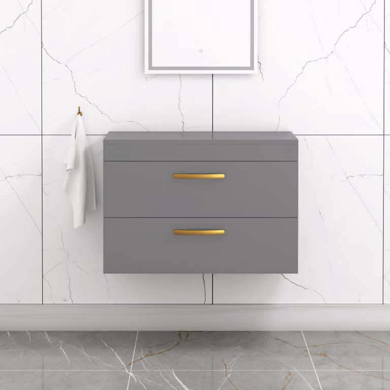 Royal Bathrooms 800mm Wall Hung Vanity Unit with 2 Drawers, Indigo Gloss Grey and Brushed Brass Handles
