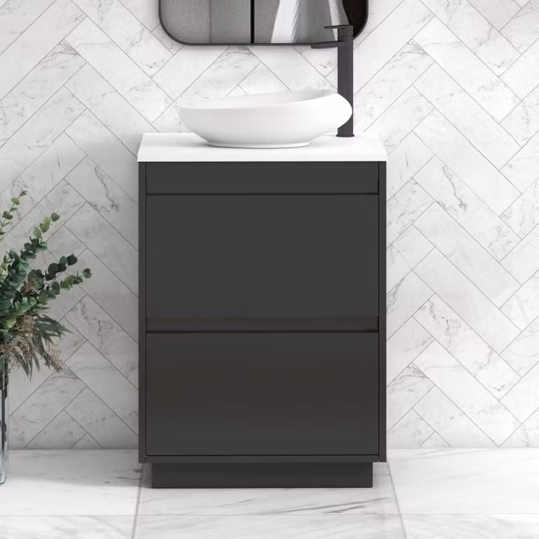 Royal Bathrooms Orion 600mm Matt Obsidian Black and Plain White Floor Standing 2 Drawer Vanity Unit with Nova Basin and Black Accent Trim