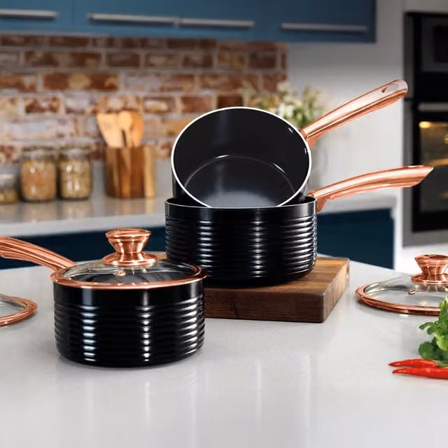 Tower 3 Piece Non-Stick Saucepan Set with Lids in Black and Gold