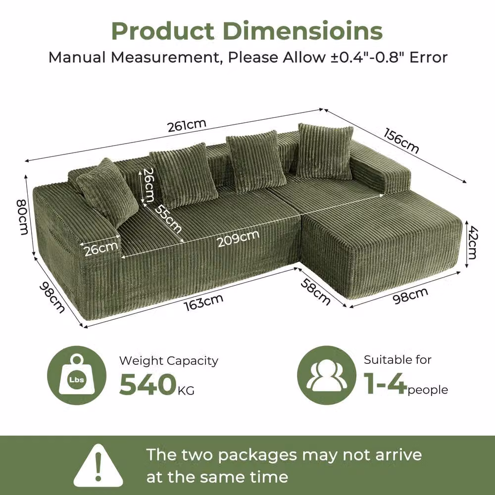 Dprodo 261 cm Modular Right L-Shaped 4 Seater Sectional Sofa in Green Velvet Cord Fabric – 2