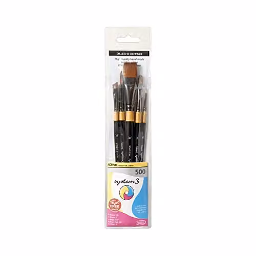 Daler-Rowney System3 Acrylic Brush Wallet Set with 5 Assorted Synthetic Hair Short Handle Brushes in Black and Multicolour