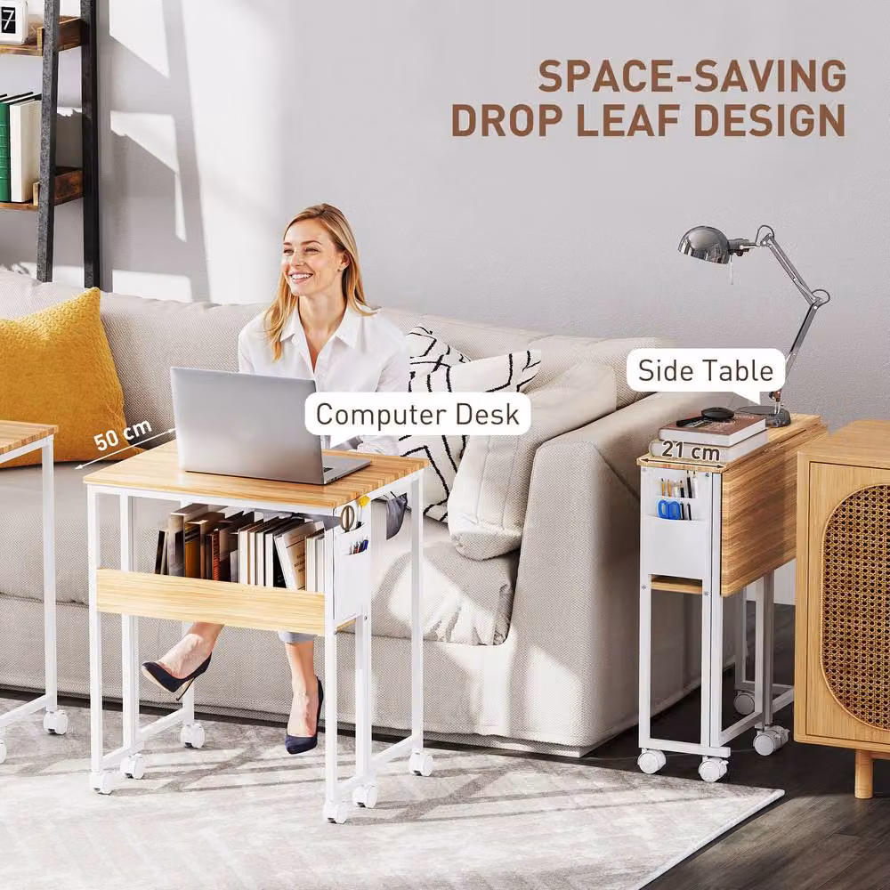 STILVORA Drop Leaf Writing Desk with Castors and Storage in Natural Wood and Metal – 4