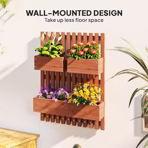Outsunny Brown Wooden Wall-mounted Garden Planters with Trellis and Tub – 3