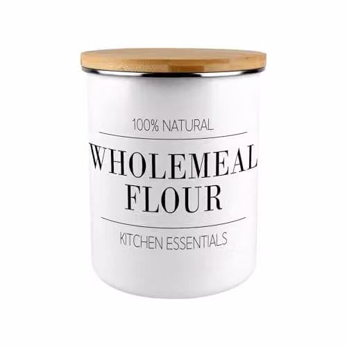 Purely Home Minimalist Wholemeal Flour Canister in Black and White Enamel with Bamboo Lid