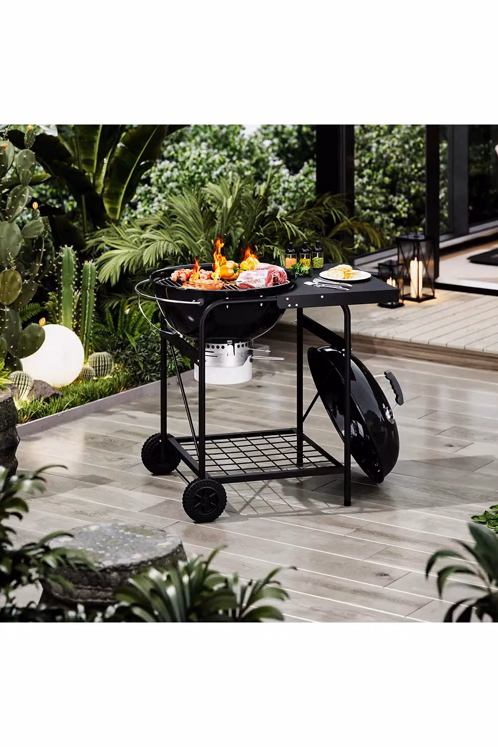 Living and Home Round Outdoor Charcoal Grill with Side Table and Wheels, Black, W/D/H: 105.0 x 94.5 x 105.0 cm – 2
