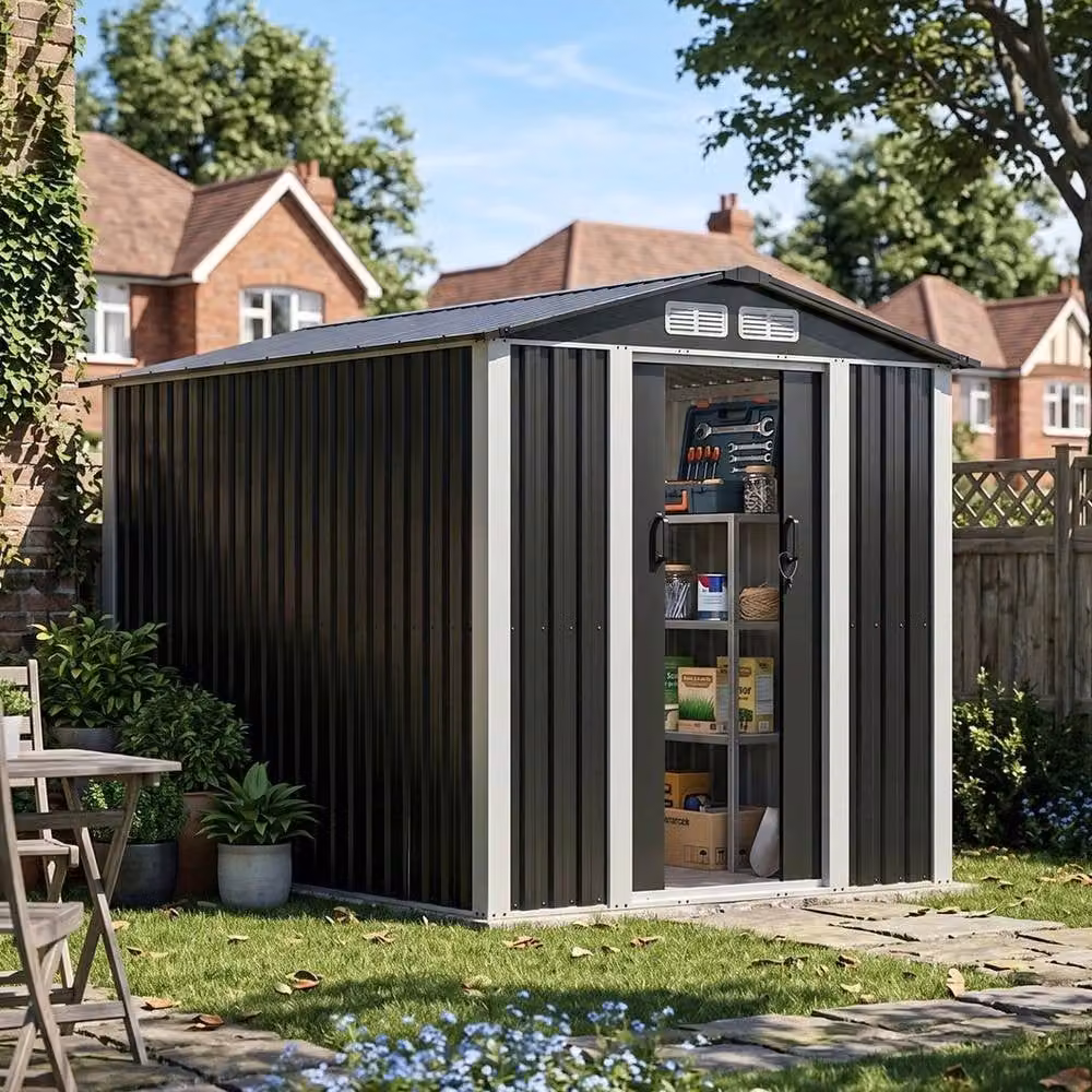 PAWNORA Black Galvanised Steel Metal Garden Storage Shed with Double Doors and Gable Roof – 4