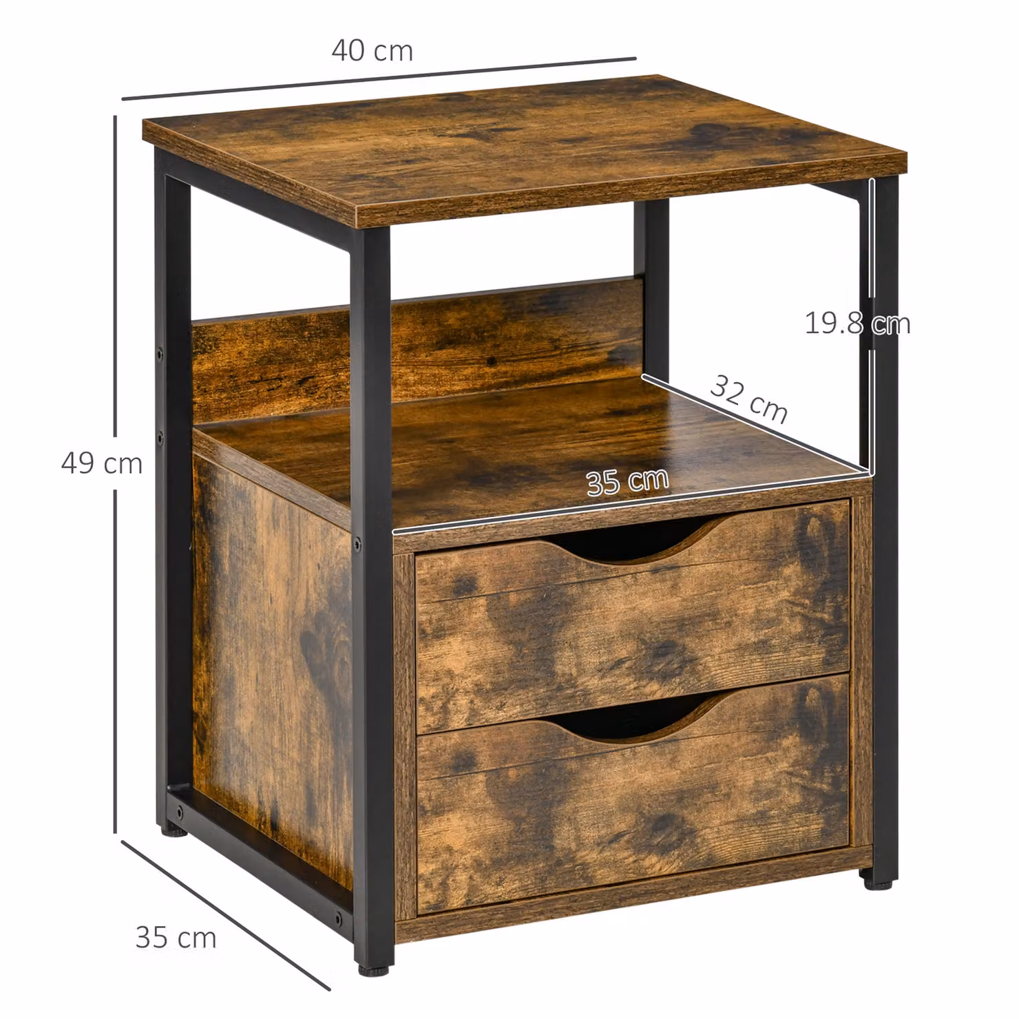 HOMCOM Set of 2 Industrial Side Tables and Bedside Cabinets with Storage Shelves in Rustic Brown and Black – 3