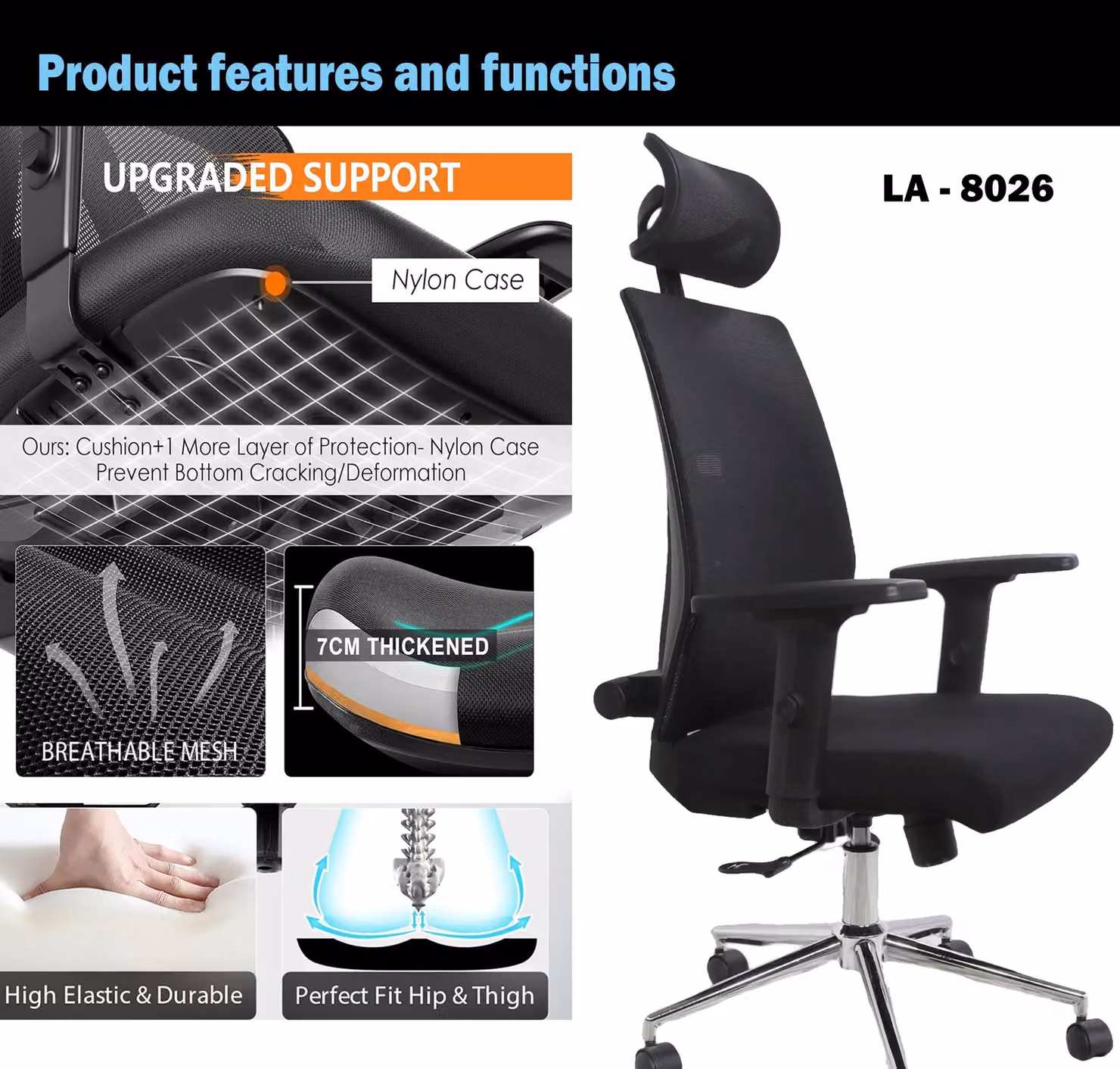 JFY Executive Padded Swivel Office Chair with Headrest and Armrests in Black Fabric – 6