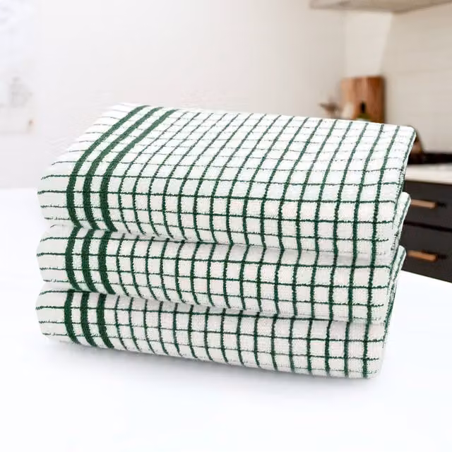 Kitchen Trends Set of 3 Highly Absorbent Striped Cotton Tea Towels in Green