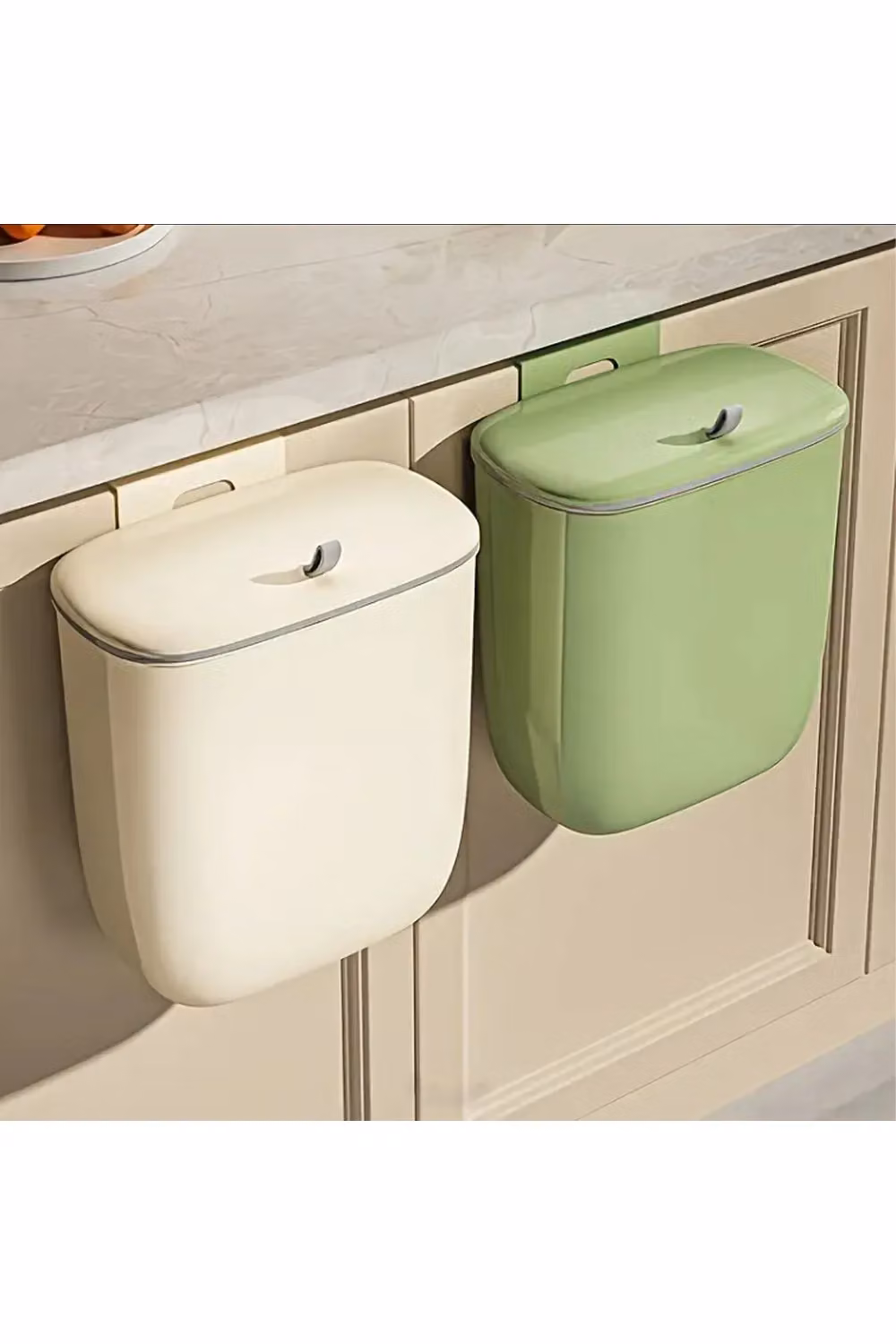 Living and Home 12L Hanging Wall-Mounted Plastic Waste Bin with Flip-top Lid in Beige – 2