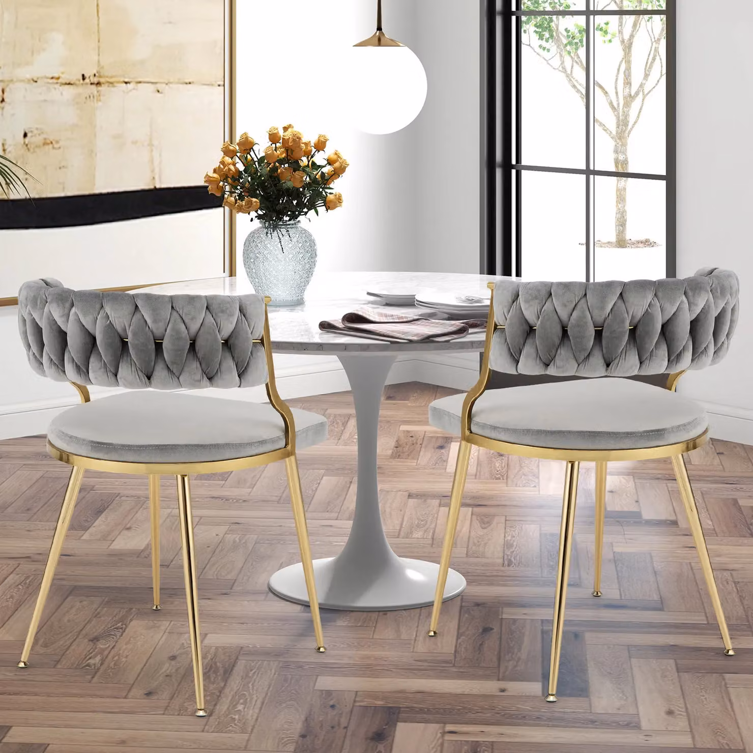 Costway Set of 2 Grey Velvet Upholstered Armless Dining Chairs with Woven Back and Gold Metal Legs – 3