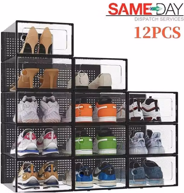 Nordara 12 x Stackable and Foldable Plastic Trainer Organiser Boxes in Black and Transparent